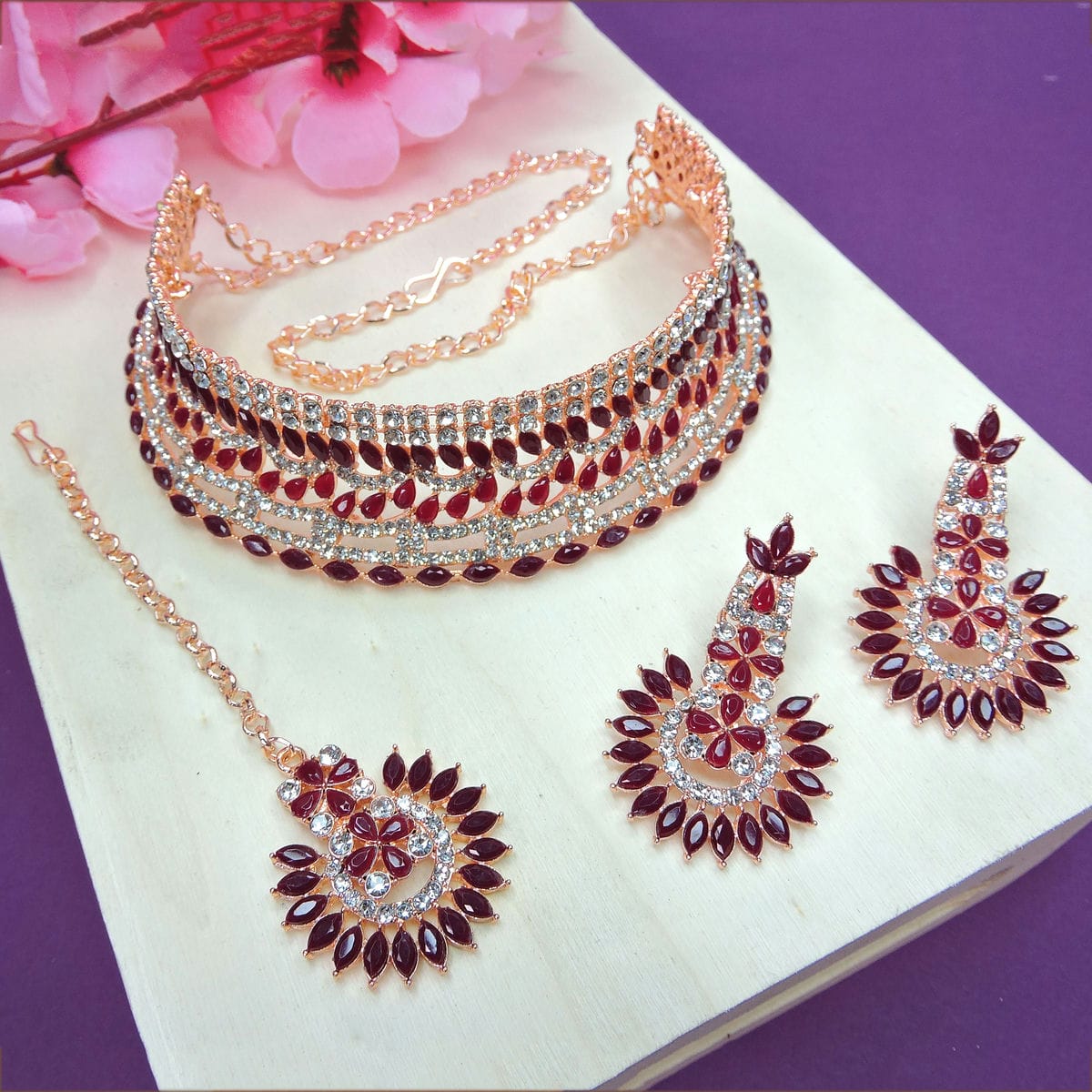 Alloy Choker Necklace Set In Maroon Colour VSNS1250005