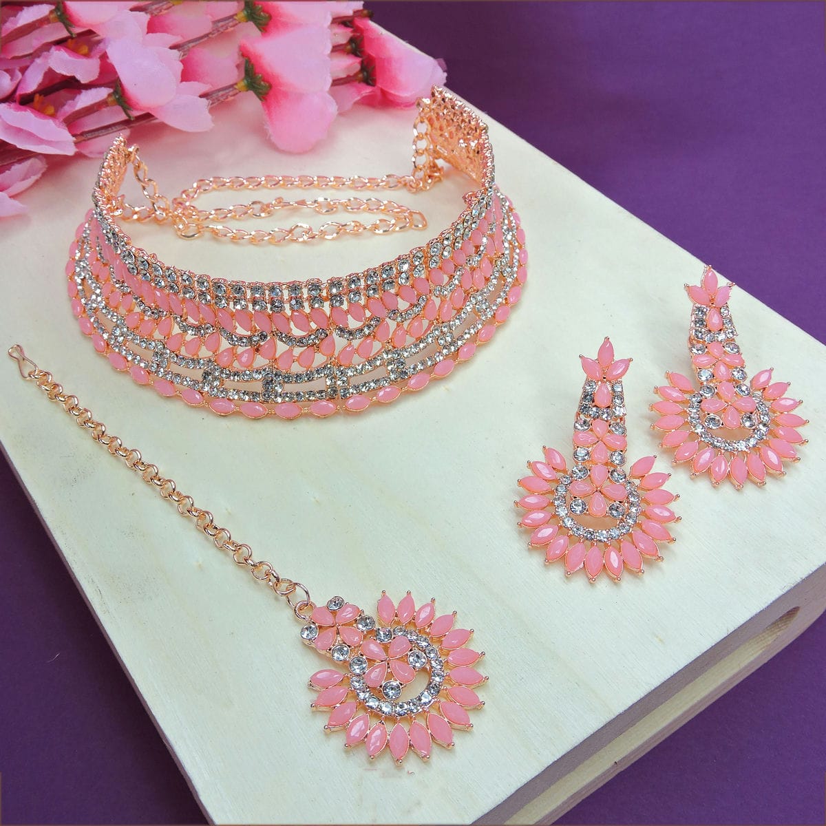 Alloy Choker Necklace Set In Pink Colour VSNS1250009