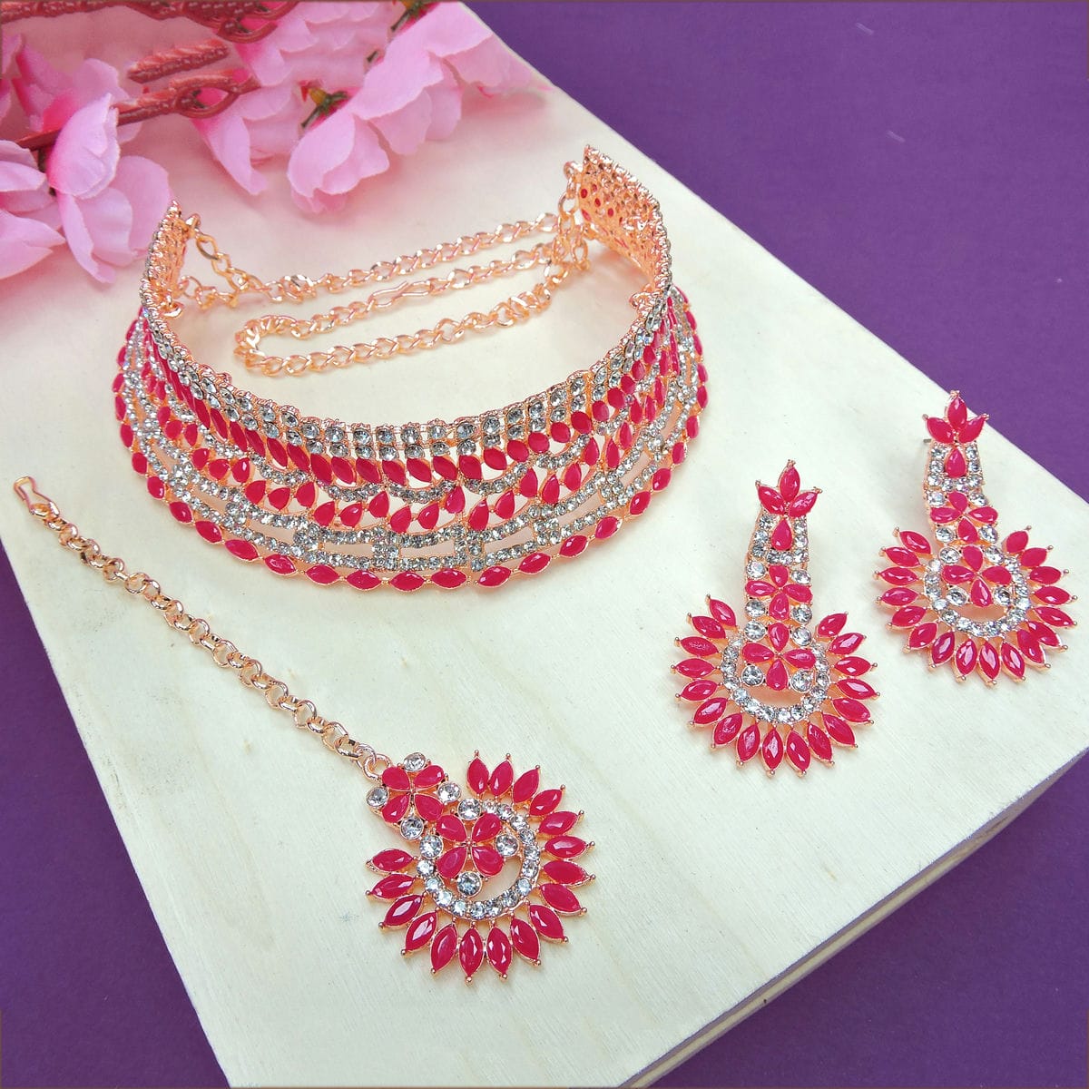 Alloy Choker Necklace Set In Rani Pink Colour VSNS1250012