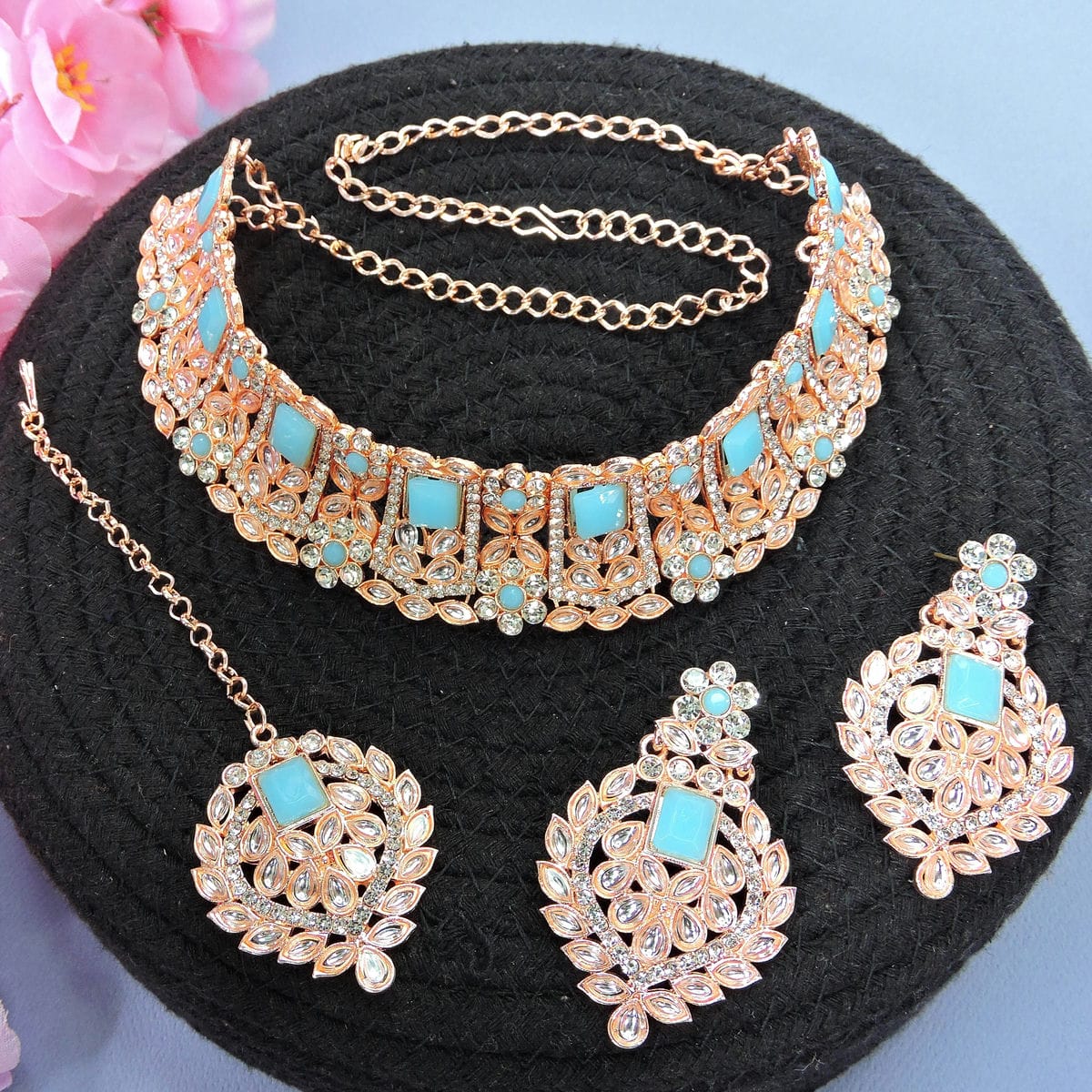 Alloy Choker Necklace Set In Sky Blue Colour VSNS1250017