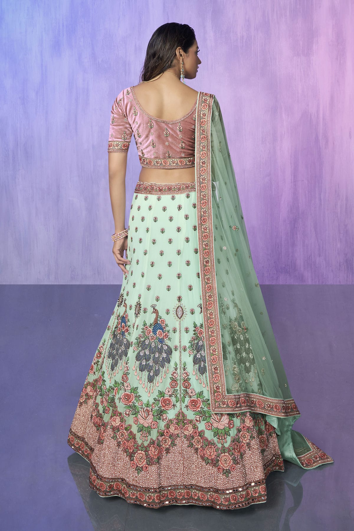 Aqua Blue Colour Embroidery Velvet Lehenga Choli VSLD1080734