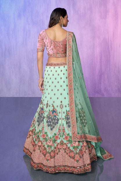 Aqua Blue Colour Embroidery Velvet Lehenga Choli VSLD1080734