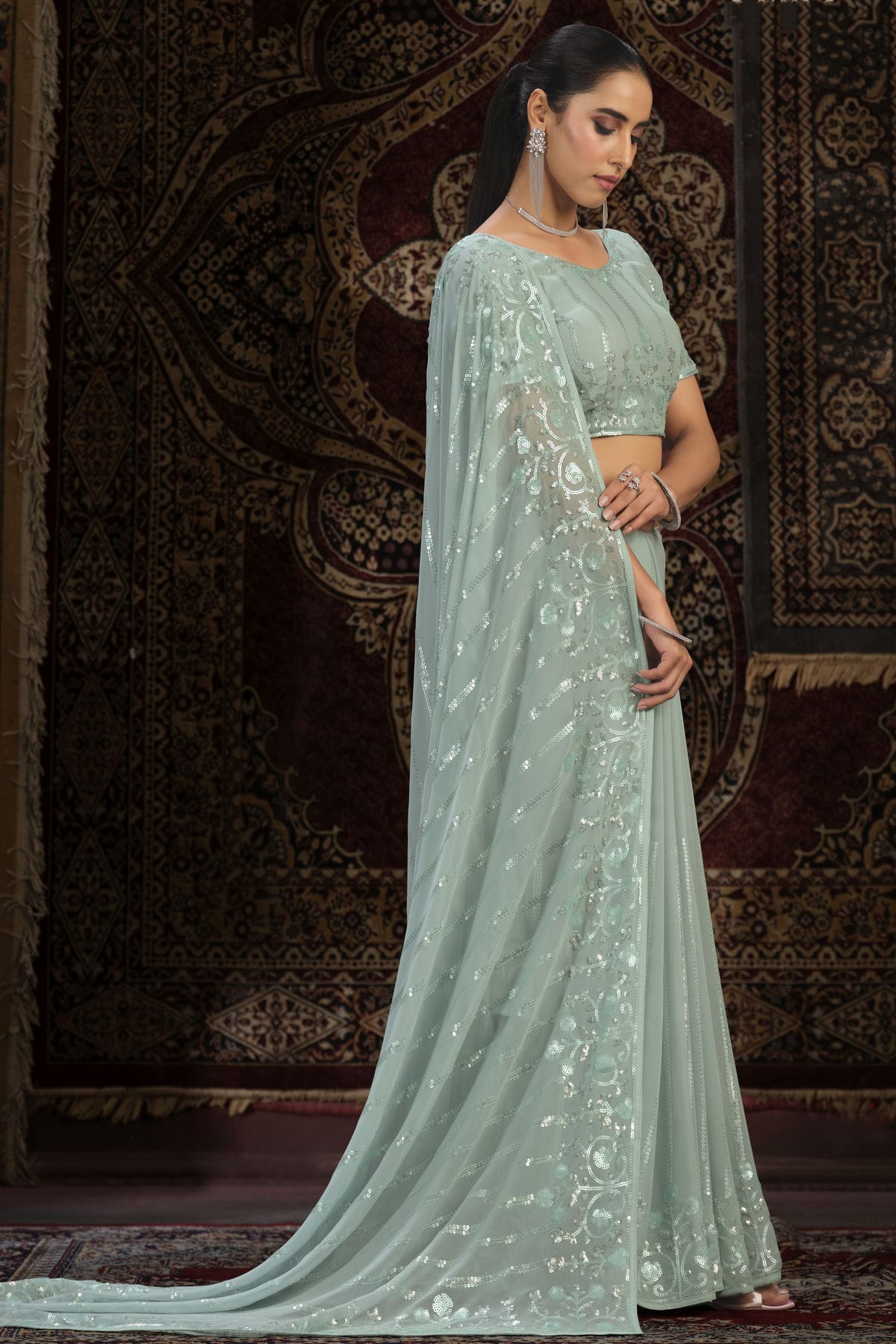 Aqua Blue Colour Georgette Designer Saree VSSD1080876