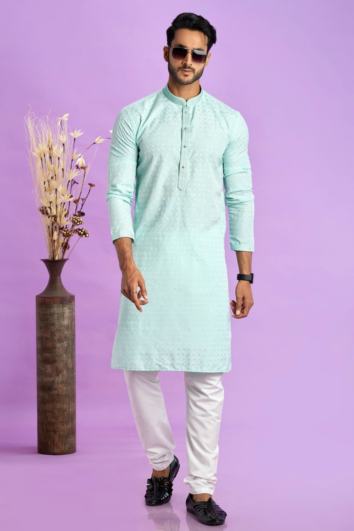 Aqua Blue Colour Jacquard Art Silk Pintex Work Kurta Pajama VSKP1230197