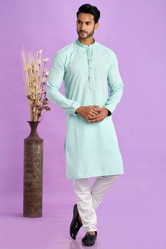 Aqua Blue Colour Jacquard Art Silk Pintex Work Kurta Pajama