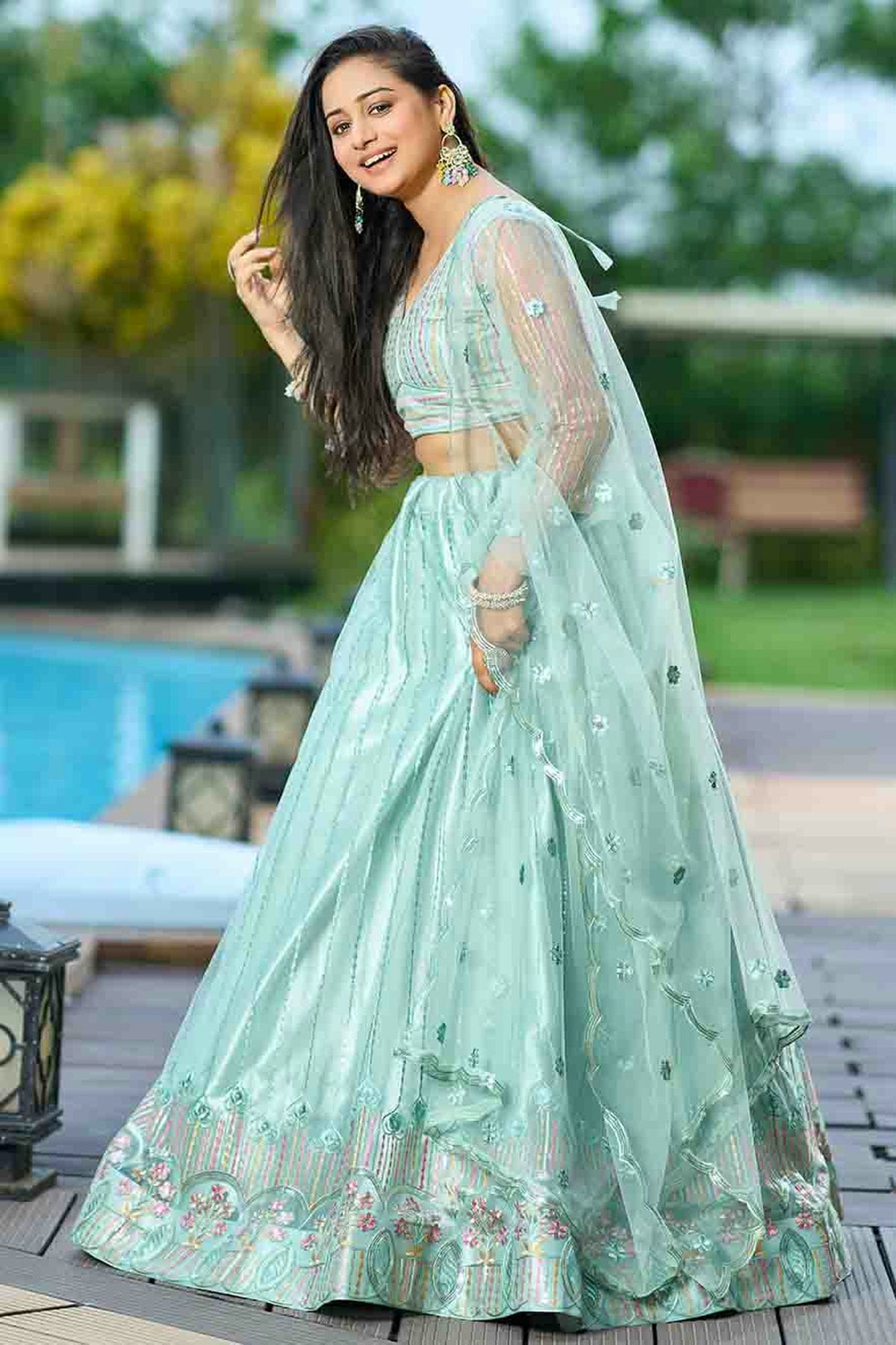 Aqua Blue Colour Net Semi Stitched Lehenga Choli VSLC1170096