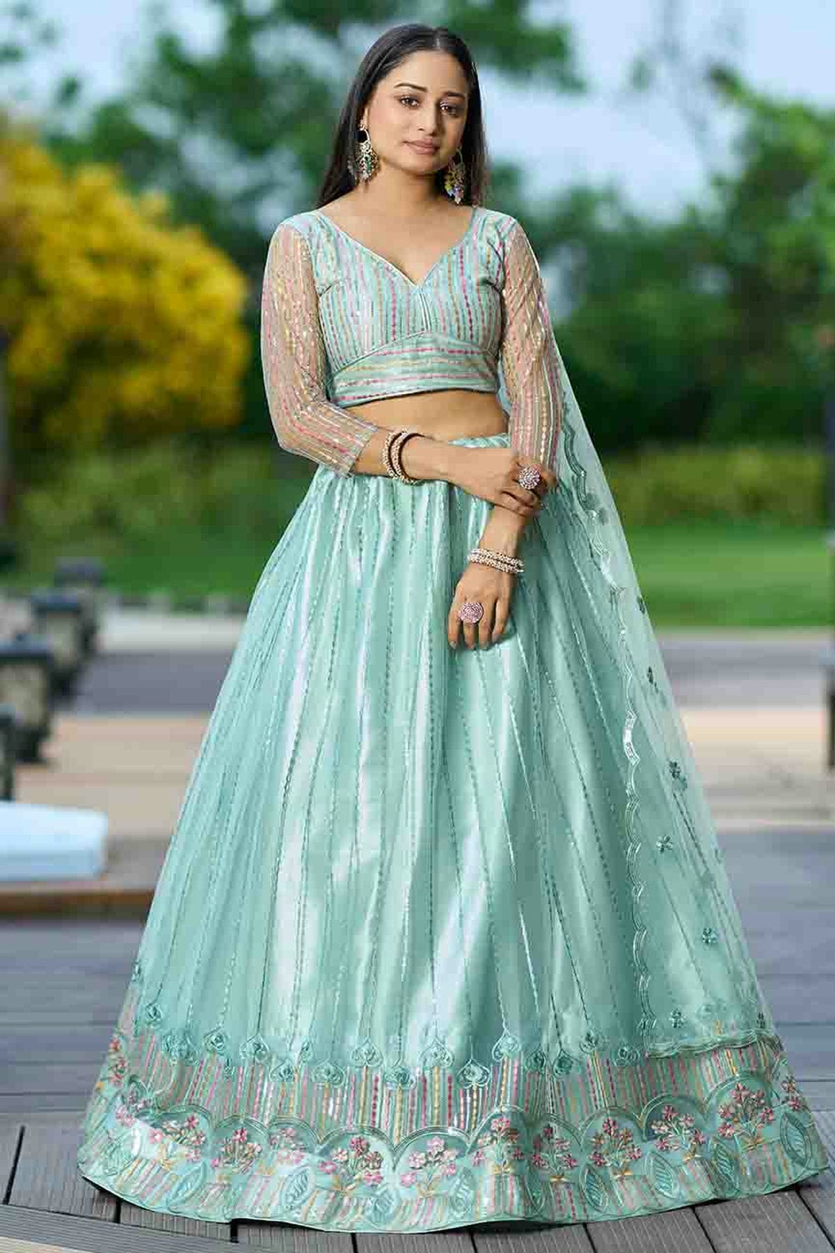 Aqua Blue Colour Net Semi Stitched Lehenga Choli VSLC1170096