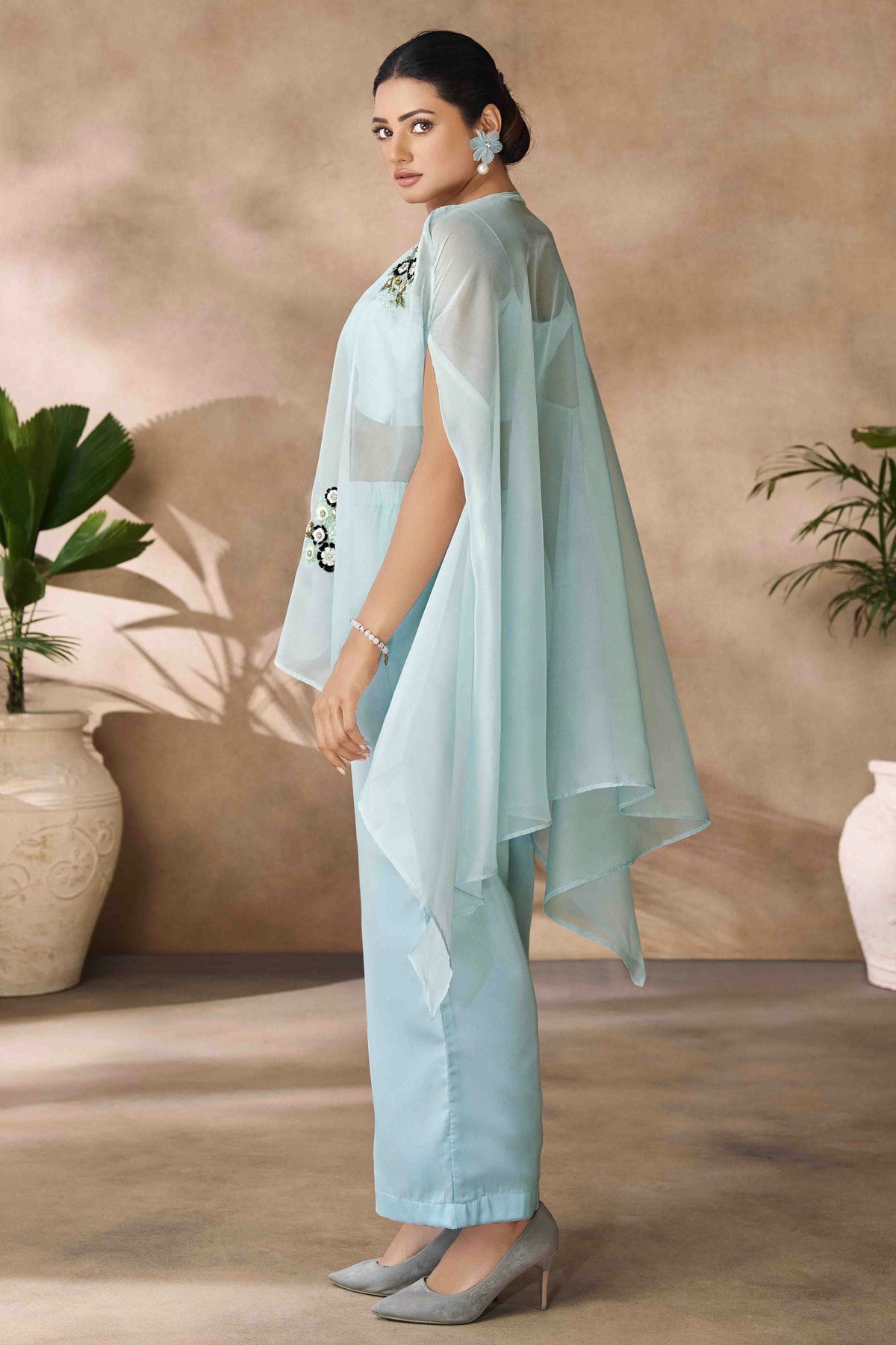 Aqua Blue Colour Organza Co-Ord Set VSTP1080954