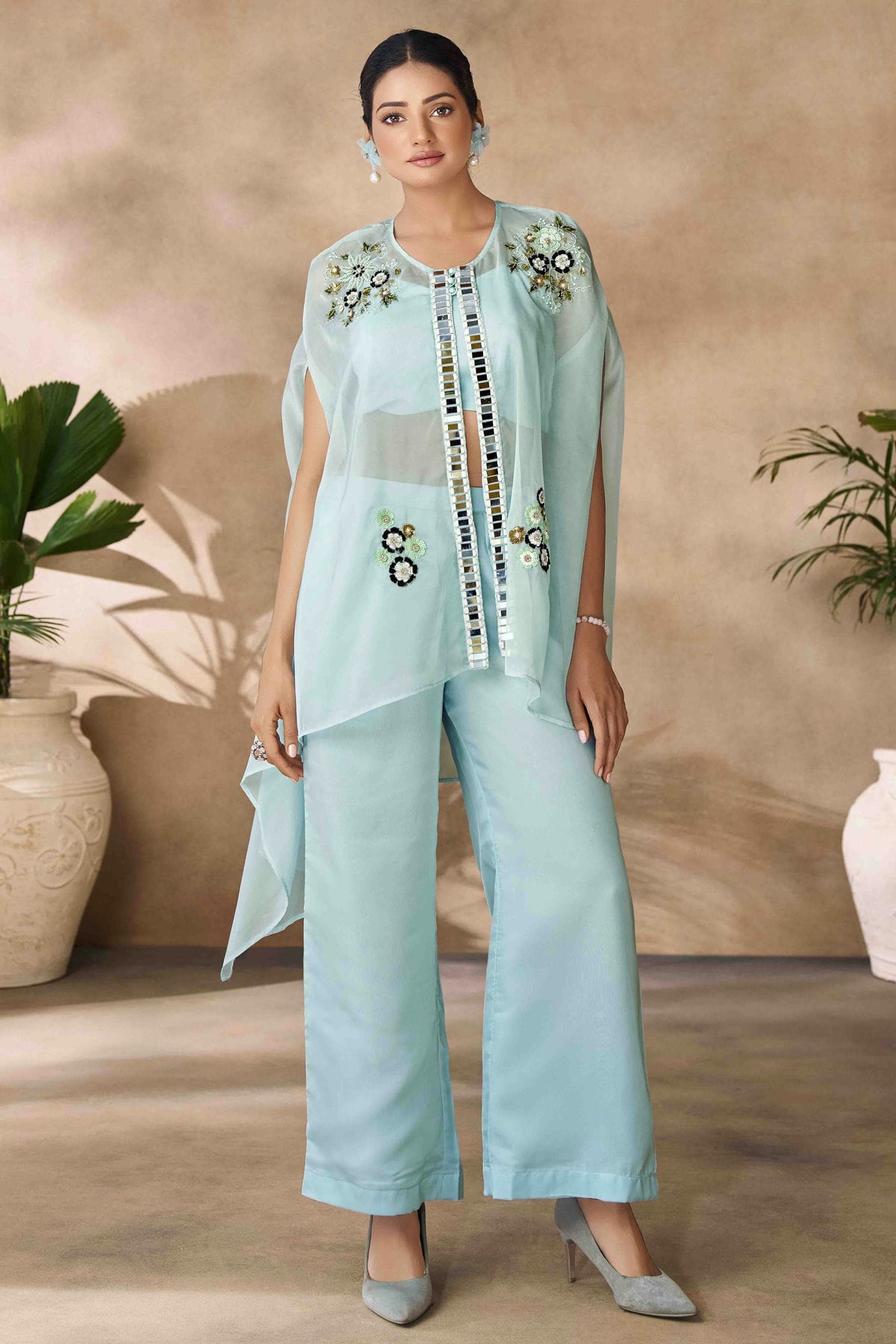 Aqua Blue Colour Organza Co-Ord Set VSTP1080954