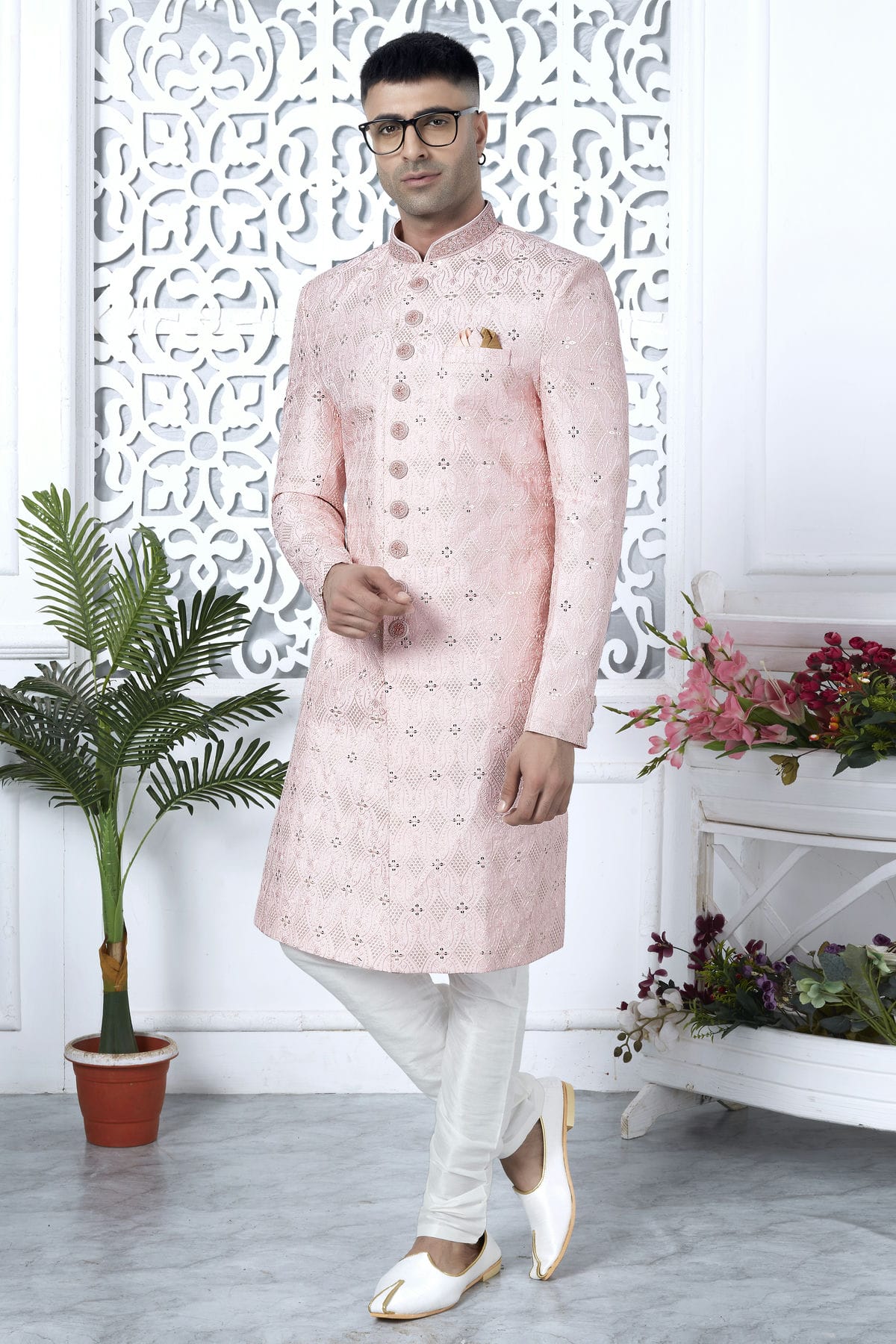 Baby Pink Colour Art Silk Sherwani With Churidar Pant VSSH1230058