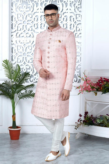 Baby Pink Colour Art Silk Sherwani With Churidar Pant VSSH1230058