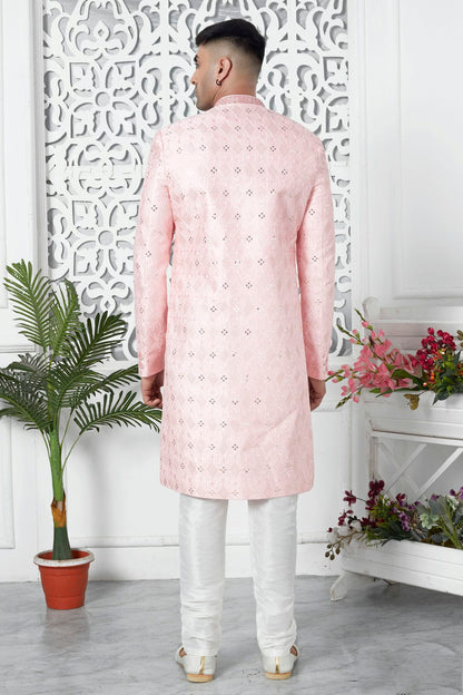 Baby Pink Colour Art Silk Sherwani With Churidar Pant VSSH1230058