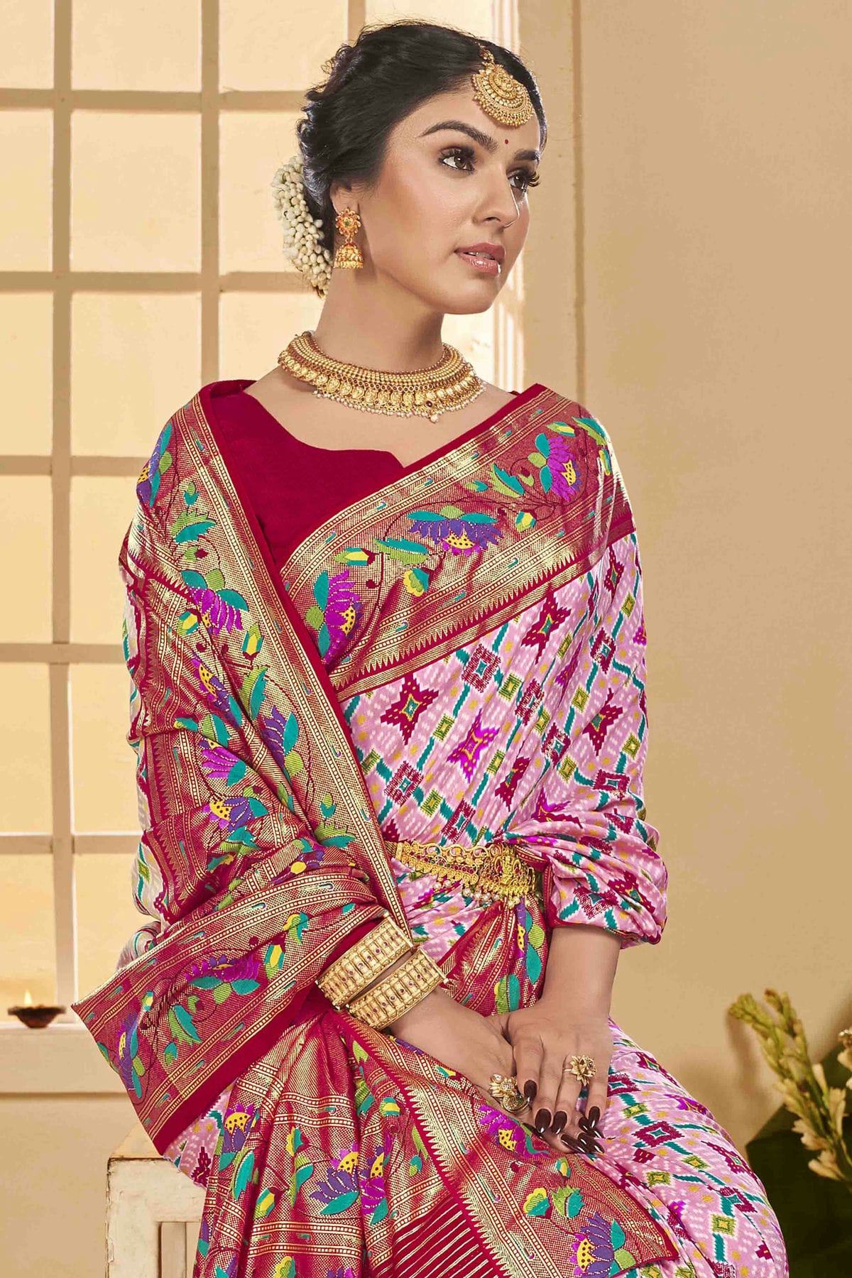 Baby Pink Colour Cotton Silk Ikkat Printed Traditional Saree VSSD1113589