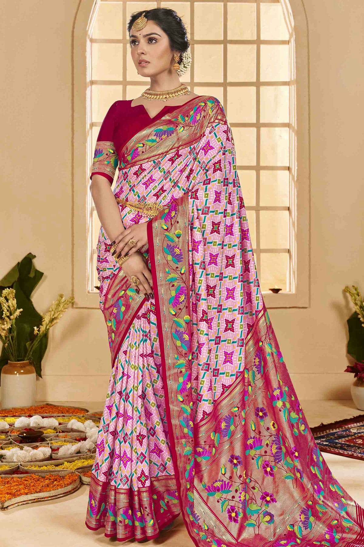 Baby Pink Colour Cotton Silk Ikkat Printed Traditional Saree VSSD1113589
