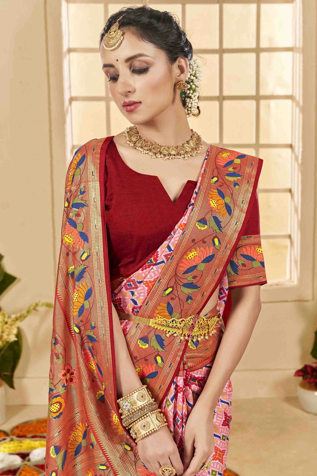 Baby Pink Colour Cotton Silk Ikkat Printed Traditional Saree VSSD1113593