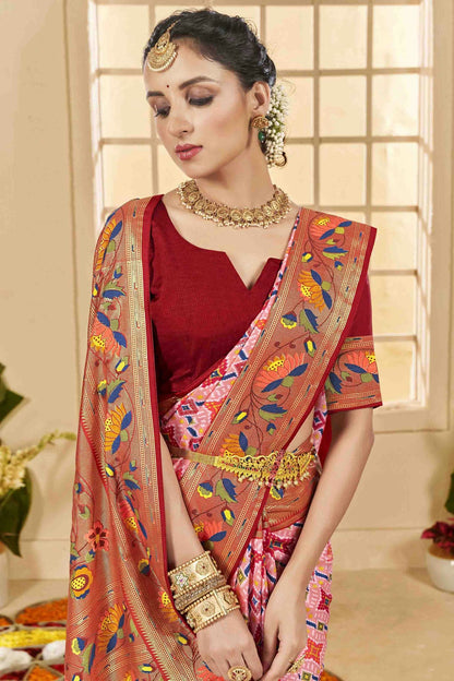Baby Pink Colour Cotton Silk Ikkat Printed Traditional Saree VSSD1113593