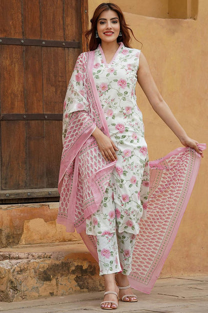 Baby Pink Colour Cotton Slub Stitched Suit
