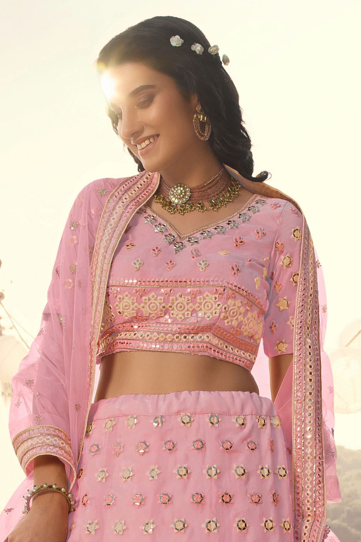 Baby Pink Colour Embroidery Organza Lehenga Choli VSLD1080689
