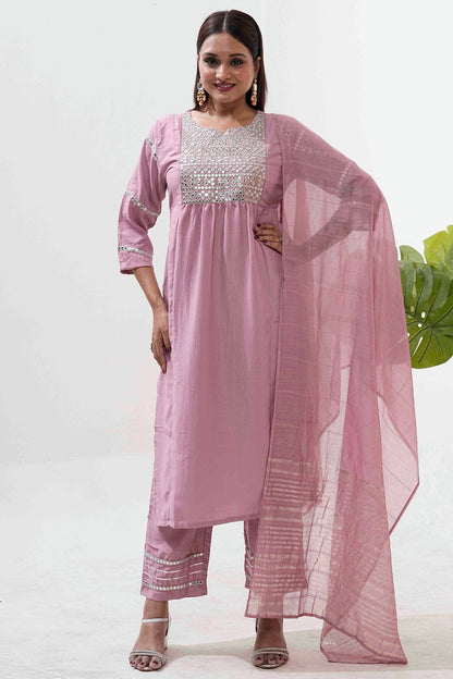Baby Pink Colour Embroidery Roman Silk Pant Style Suit VSSS1113522