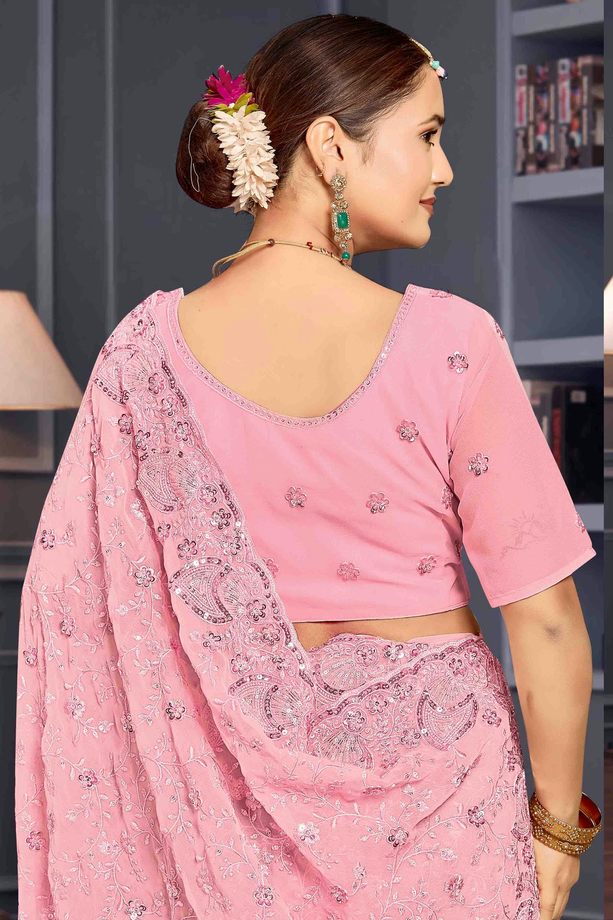 Baby Pink Colour Georgette Embroidery Work Designer Saree VSSD1091250