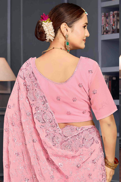 Baby Pink Colour Georgette Embroidery Work Designer Saree VSSD1091250