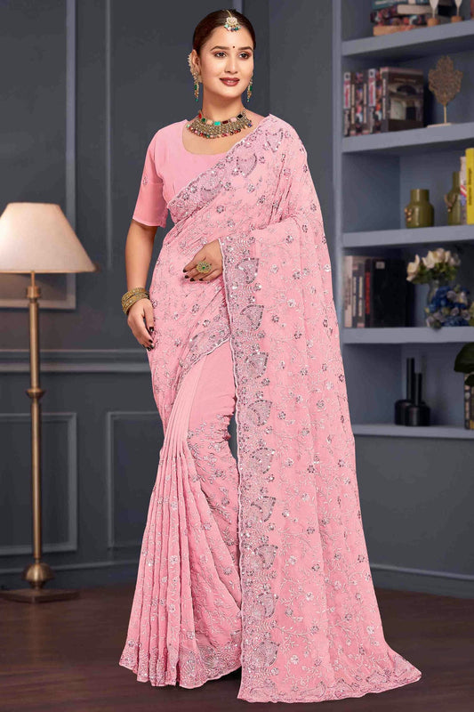 Baby Pink Colour Georgette Embroidery Work Designer Saree VSSD1091250