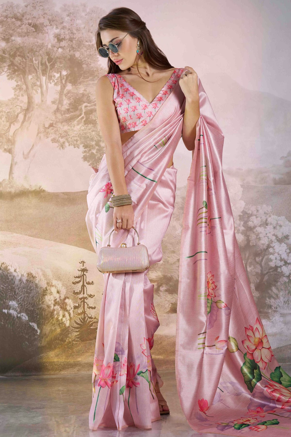 Baby Pink Colour Linen Printed Saree VSSD1112836