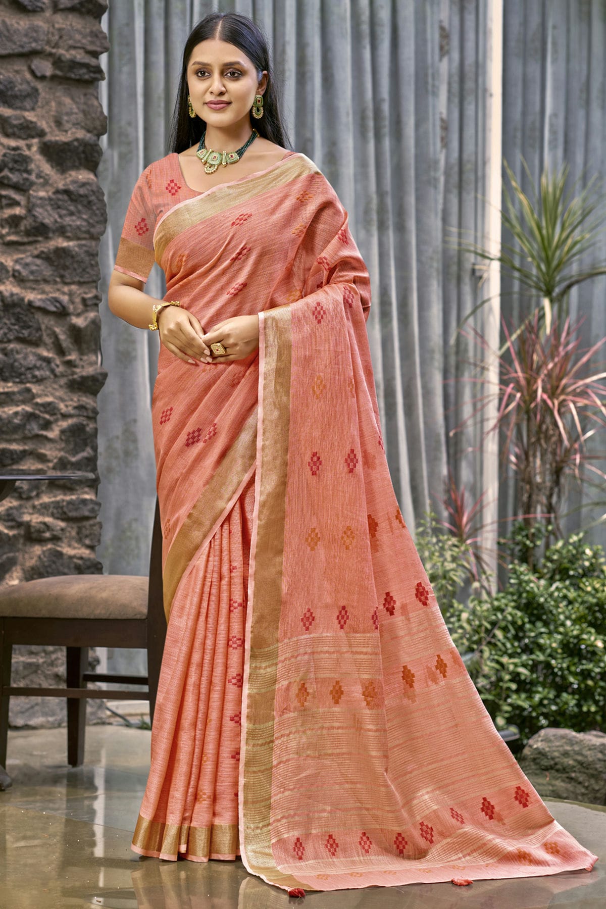 Baby Pink Colour Linen Woven Work Traditional Saree