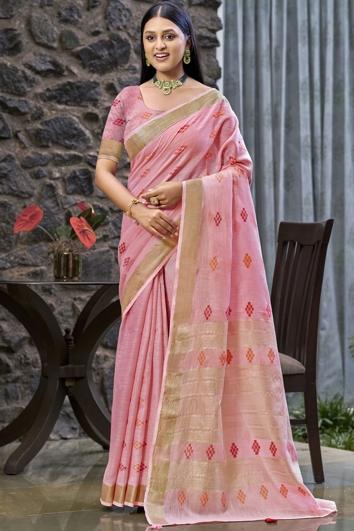 Baby Pink Colour Linen Woven Work Traditional Saree