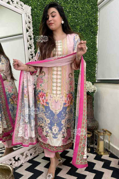Baby Pink Colour Muslin Cotton Stitched Pant Style Suit VSSS1140940