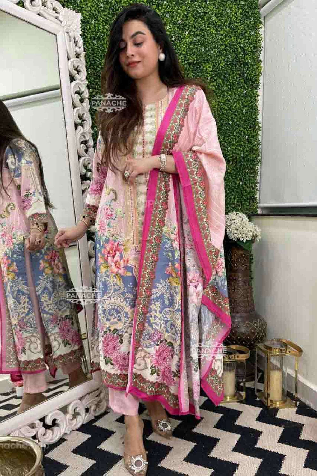 Baby Pink Colour Muslin Cotton Stitched Pant Style Suit VSSS1140940
