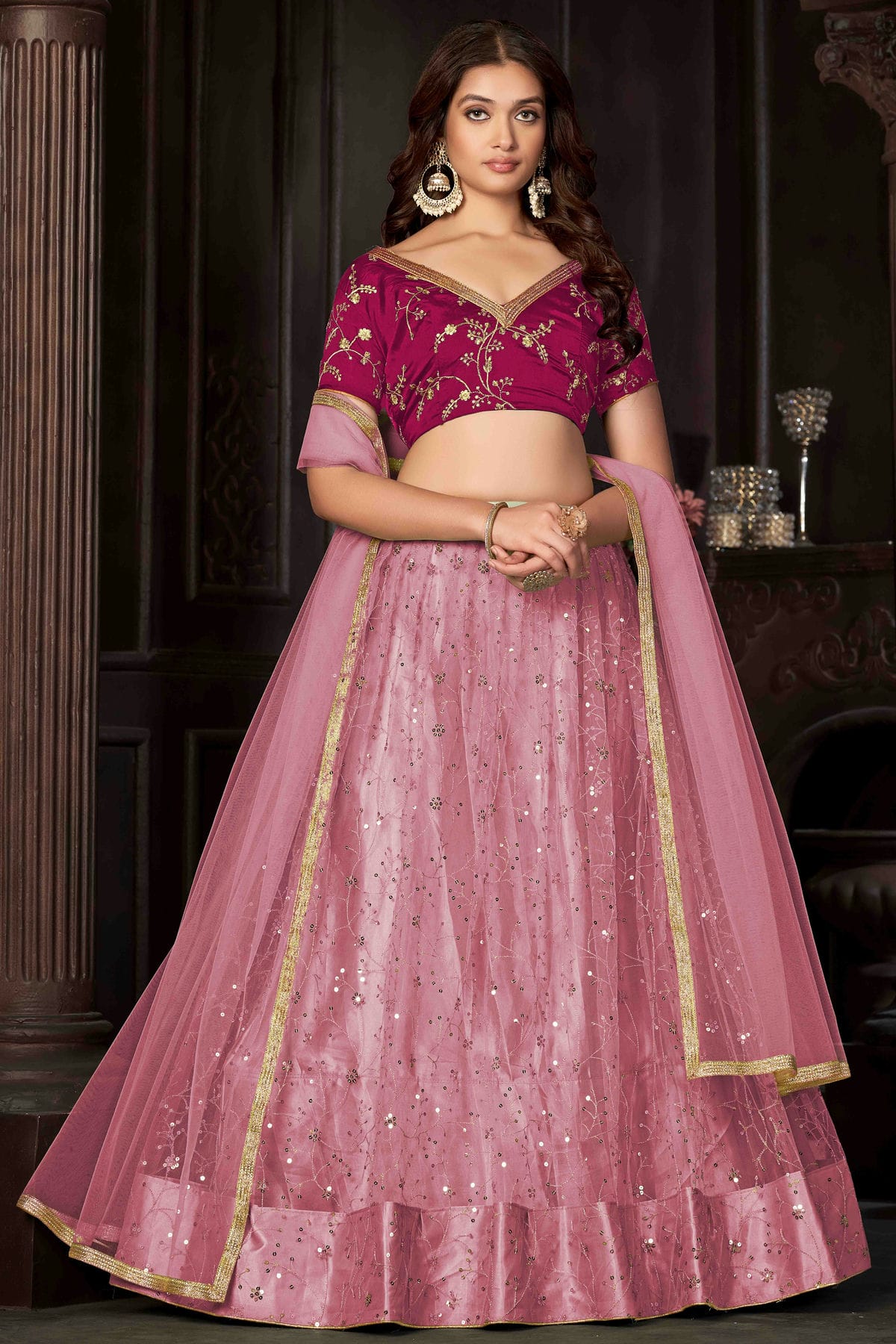 Baby Pink Colour Net Semi Stitched Lehenga Choli VSLC1170055