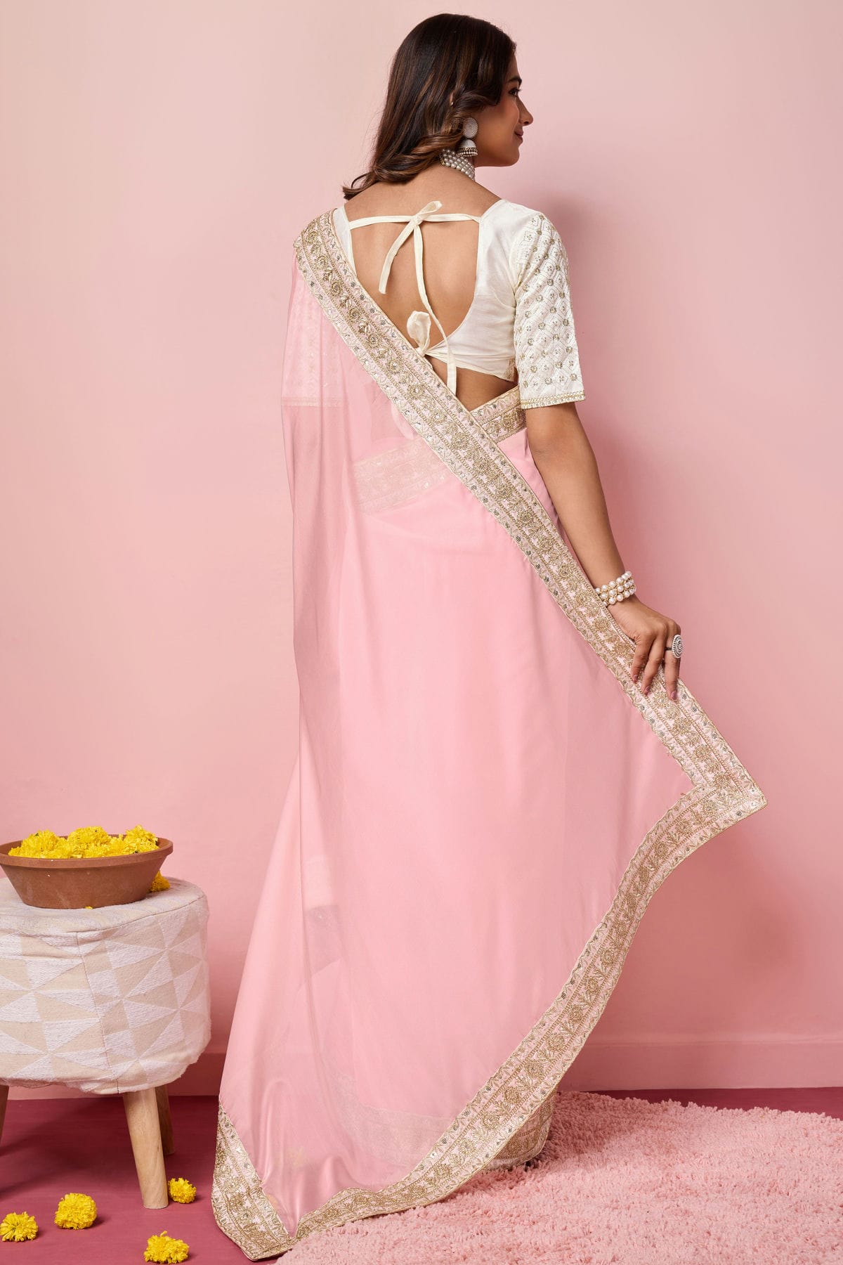 Baby Pink Colour Organza Designer Saree