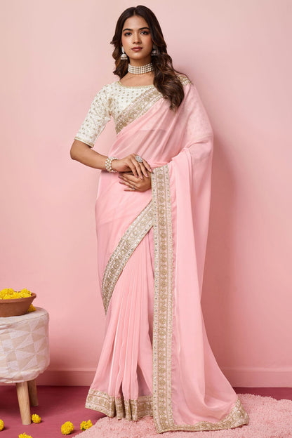 Baby Pink Colour Organza Designer Saree
