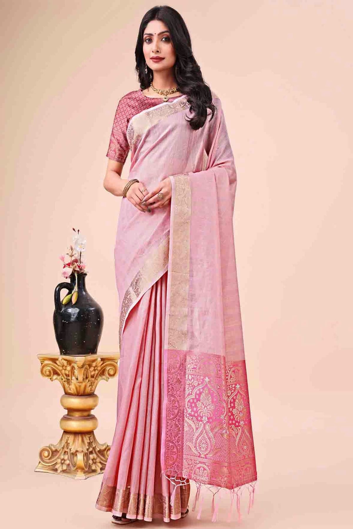Baby Pink Colour Organza Woven Traditional Sarees VSSD1113728
