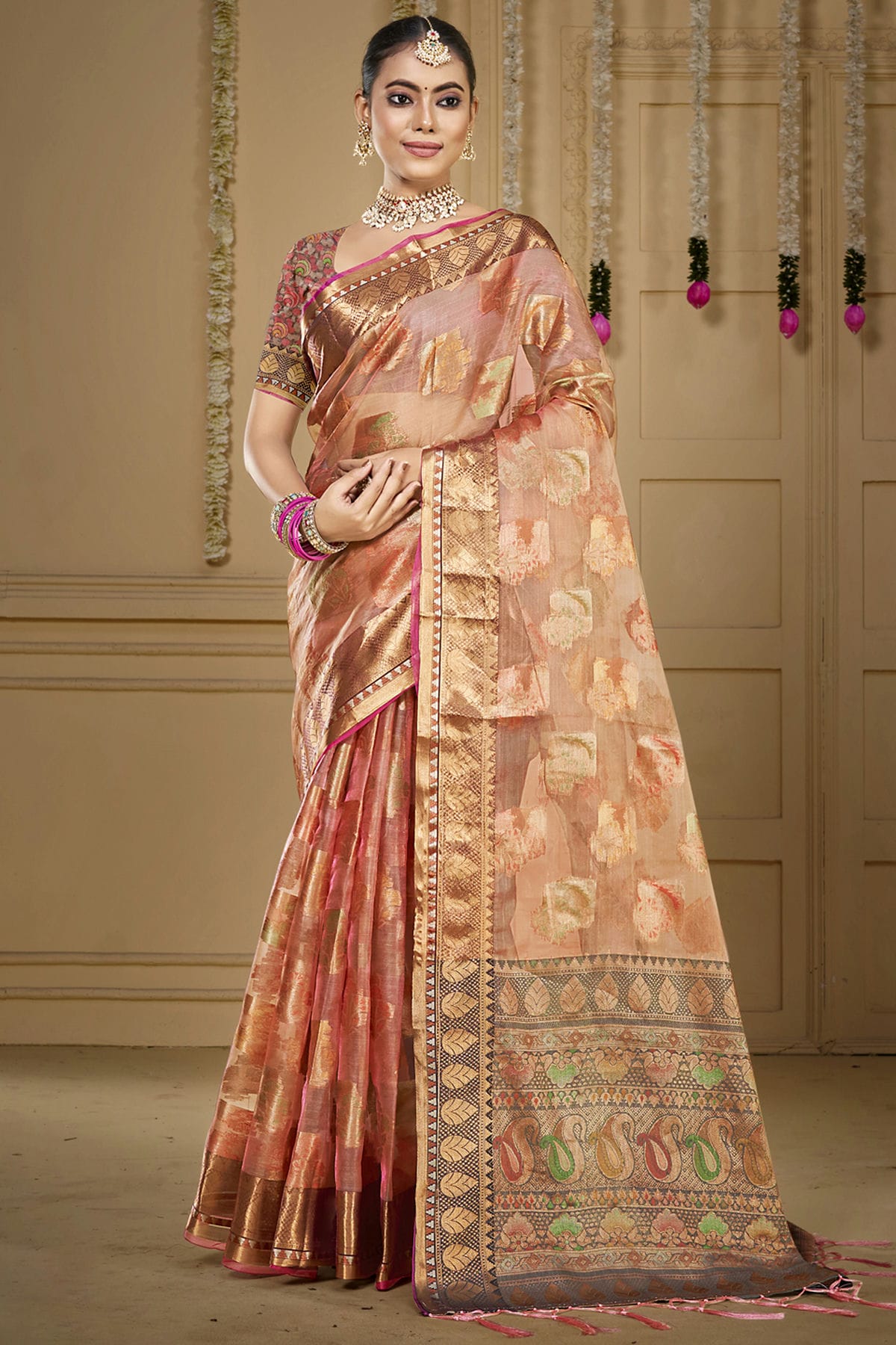 Baby Pink Colour Organza Woven Work Traditional Saree