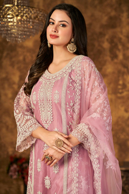 Baby Pink Colour Plazoo Pant Suit Net Semi Stitched VSSM1050528