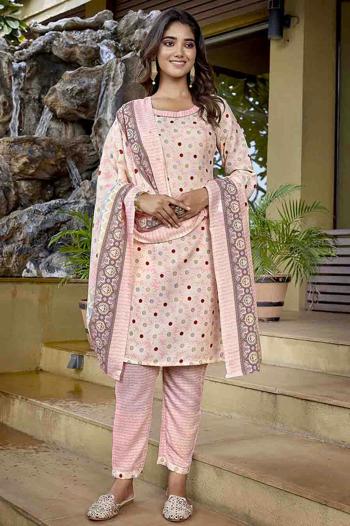 Baby Pink Colour Printed Cotton Blend Pant Style Suit VSSS1113468
