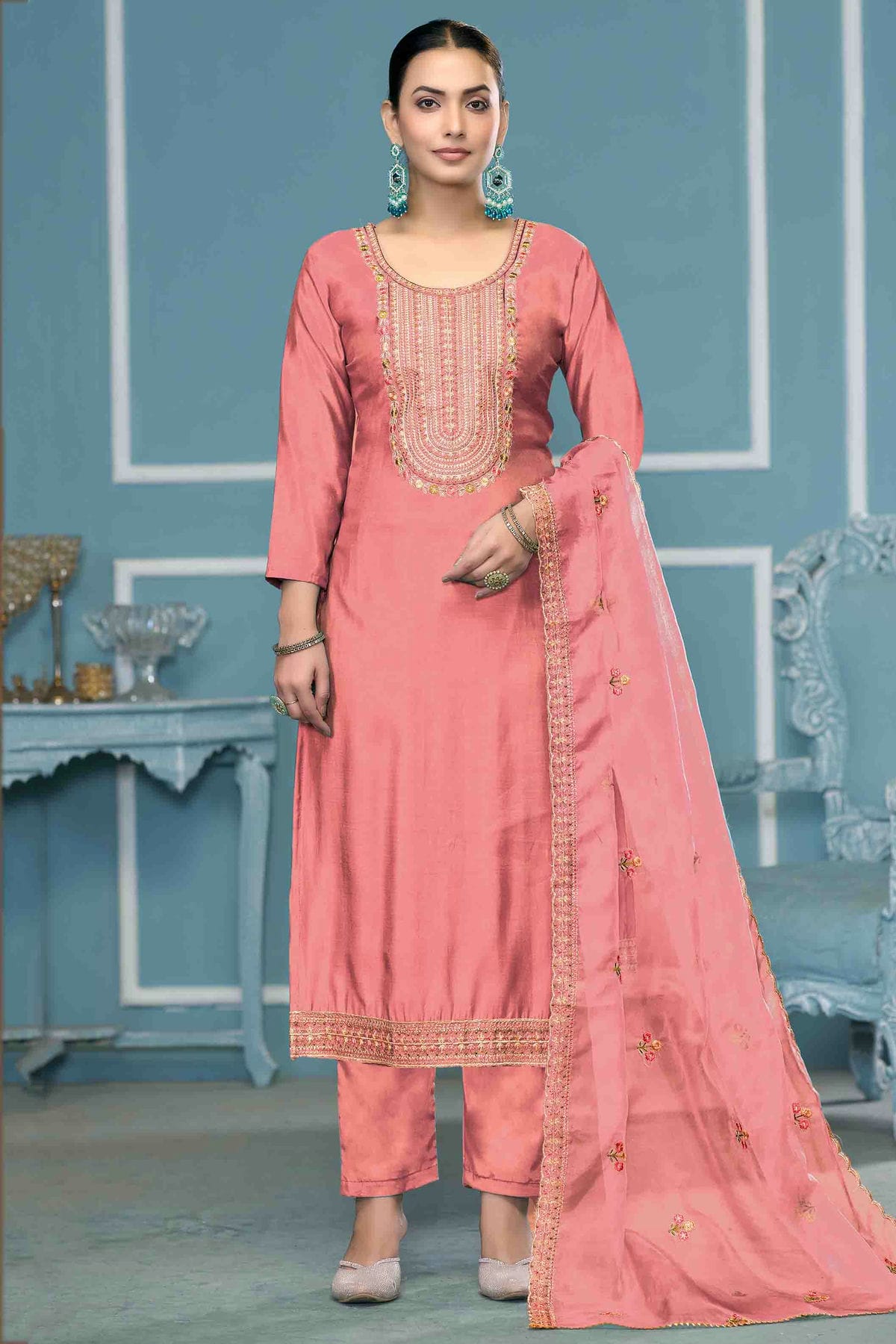 Baby Pink Colour Roman Cotton Pant Style Suit VSSM1113261