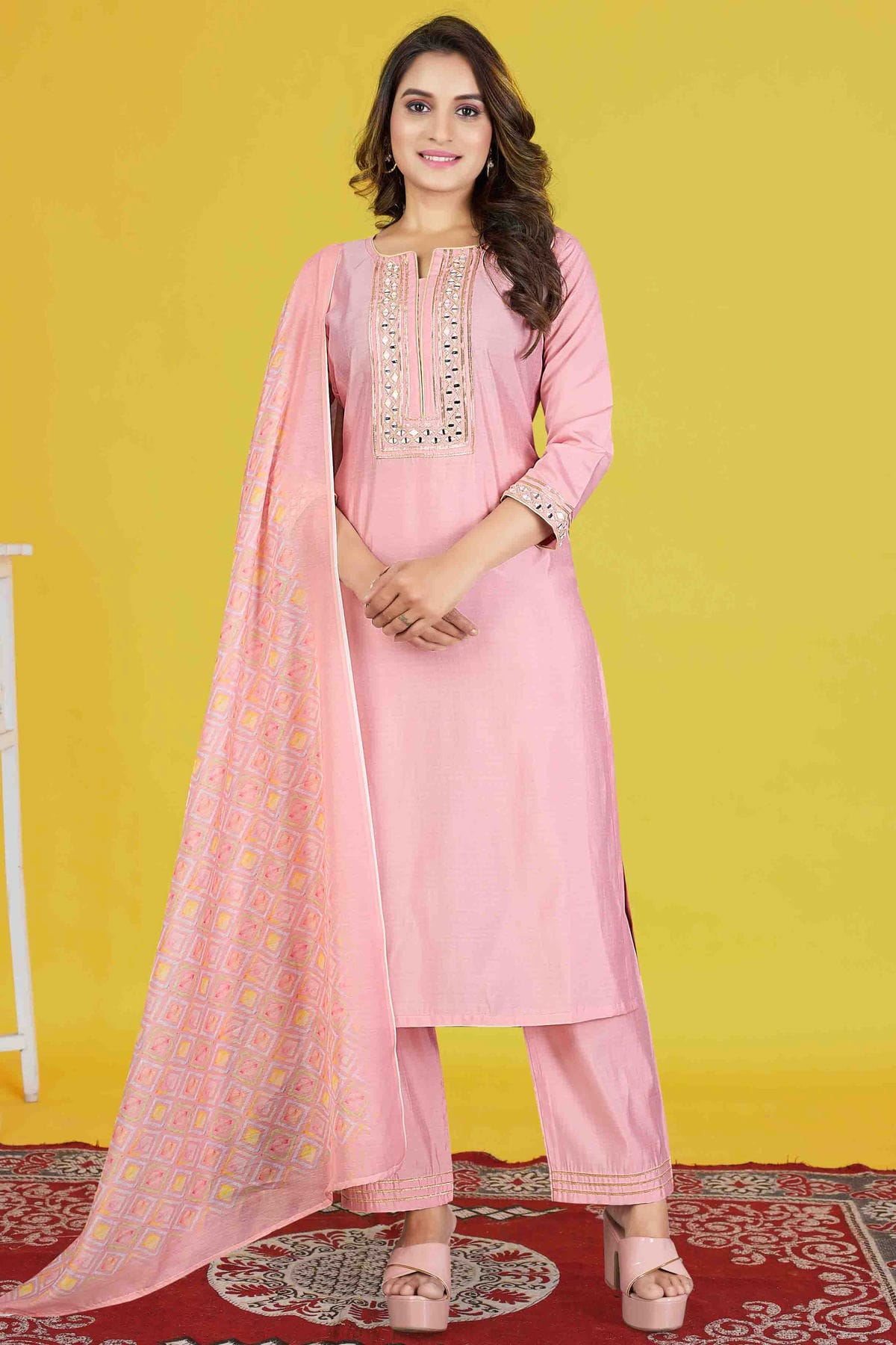 Baby Pink Colour Roman Silk Stitched Pant Style Suit VSSS1140959