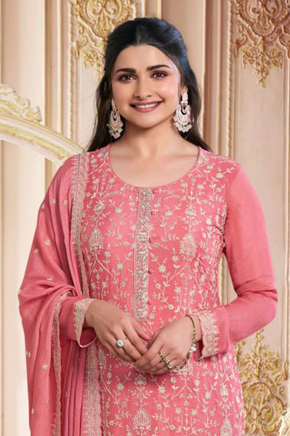 Baby Pink Colour Semi Stitched Chinon Silk Pant Style Suit VSSM1140214