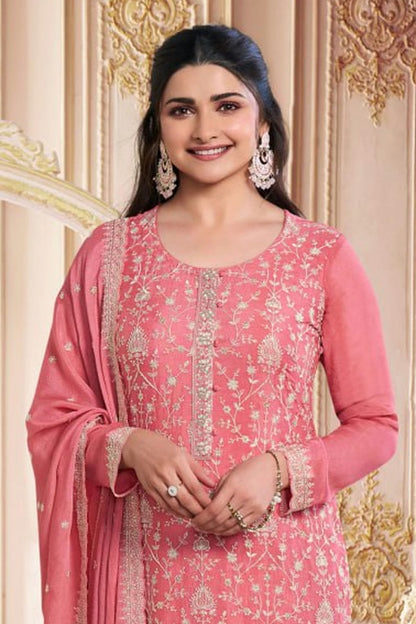 Baby Pink Colour Semi Stitched Chinon Silk Pant Style Suit VSSM1140214