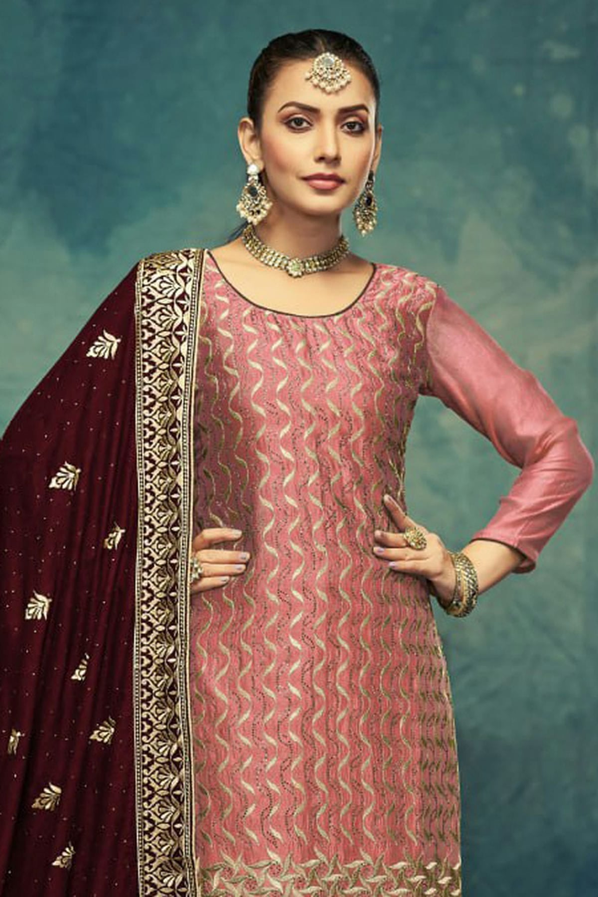Baby Pink Colour Semi Stitched Vichitra Silk Pant Style Suit VSSM1140513