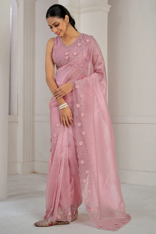 Baby Pink Colour Soft Organza Designer Saree