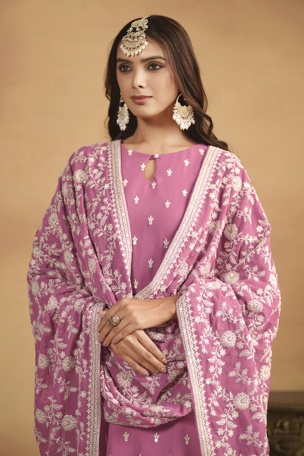 Baby Pink Colour Straight Suit Faux Georgette Semi Stitched VSSM1050485