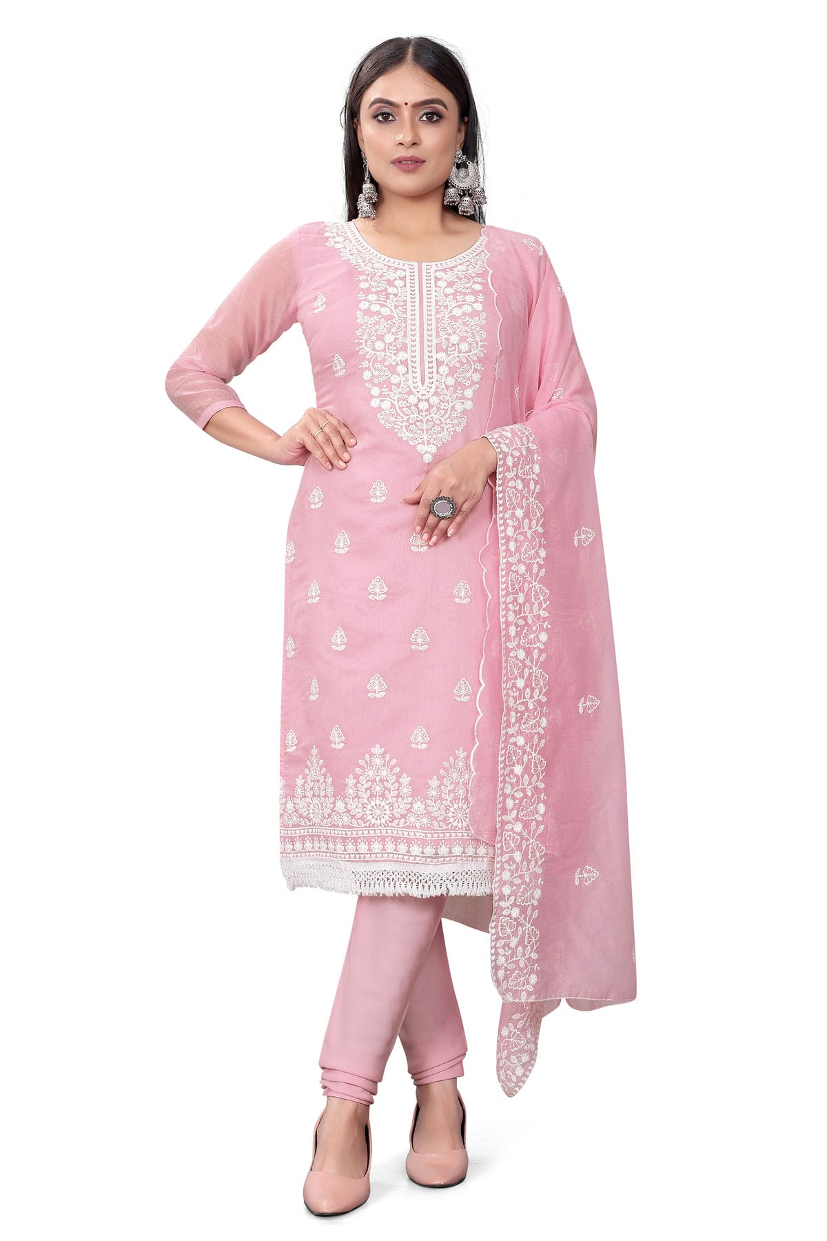 Baby Pink Colour Unstitched Chanderi Cotton Churidar Suit