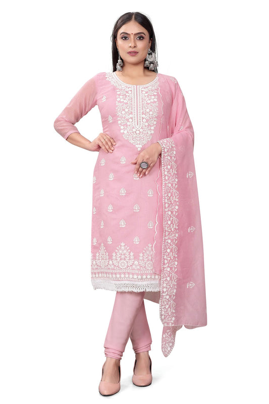 Baby Pink Colour Unstitched Chanderi Cotton Churidar Suit