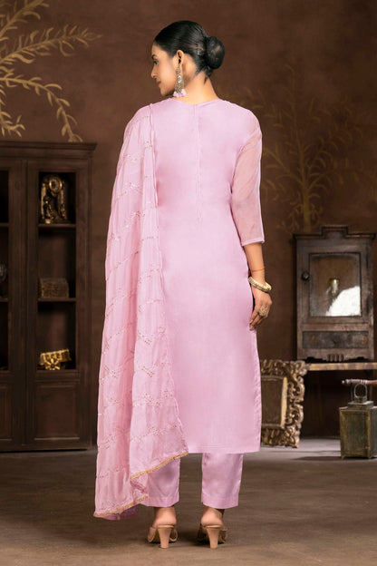 Baby Pink Colour Unstitched Organza Pant Style Suit VSUS1161338