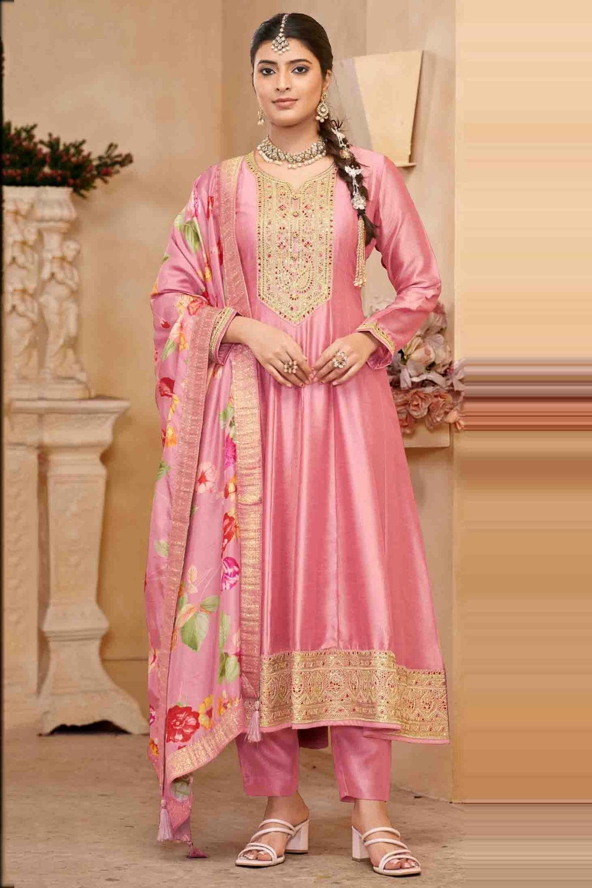 Baby Pink Colour Vichitra Silk Anarkali Suit VSSM1112947