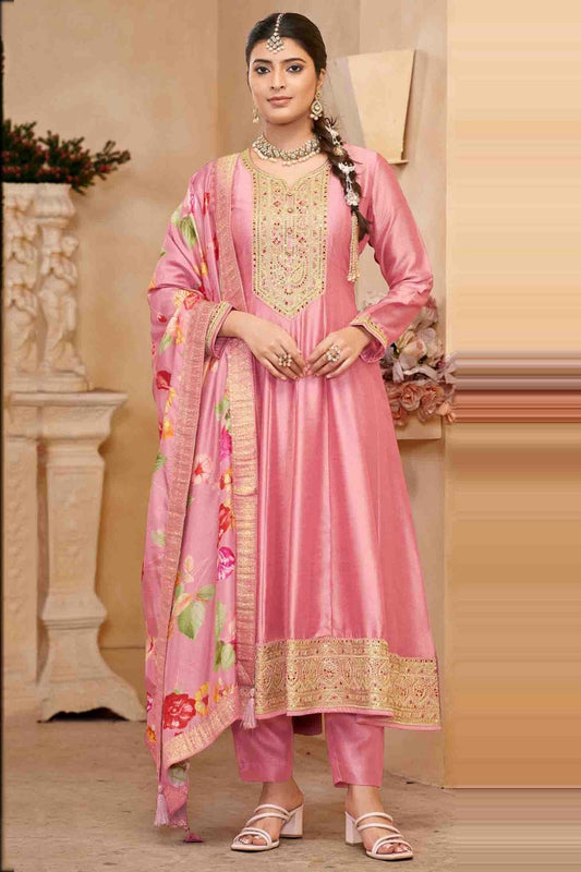 Baby Pink Colour Vichitra Silk Anarkali Suit VSSM1112947